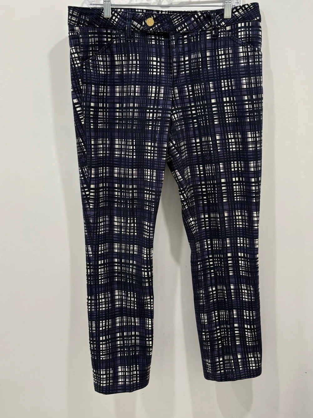 Tory Burch Conner Skinny Pants Women's Size 31 Navy Printed Plaid Stretch Preppy